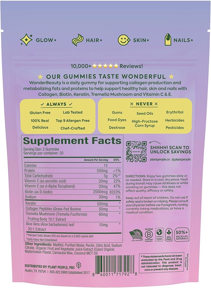 Plant People WonderBeauty Hair Skin &amp Nails Rejuvenation Gummies with Tremella Mushroom Collagen Peptides Keratin &amp Biotin – Watermelon Flavor 60 Gummies