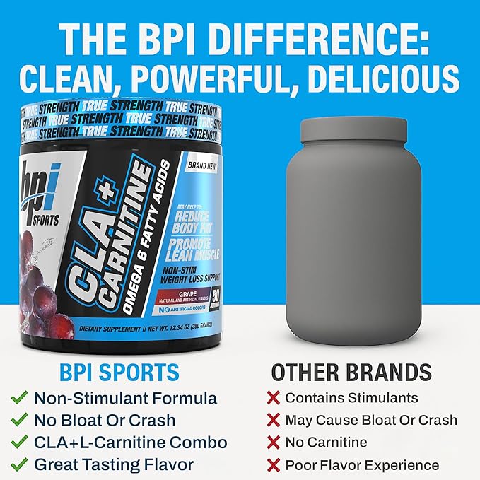 BPI Sports CLA+Carnitine – CLA L Carnitine &amp Linoleic Acid – L Carnitine Supplement for Weight Loss Metabolism &amp Lean Muscle – Caffeine Free – Grape – 50 Servings – 12.34 oz