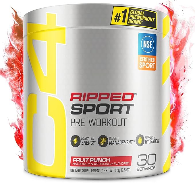 C4 Ripped Sport Pre Workout Powder Fruit Punch - NSF Certified for Sport + Zero Sugar Preworkout Energy Supplement for Men &amp Women - 135mg Caffeine + Weight Loss - 30 Servings