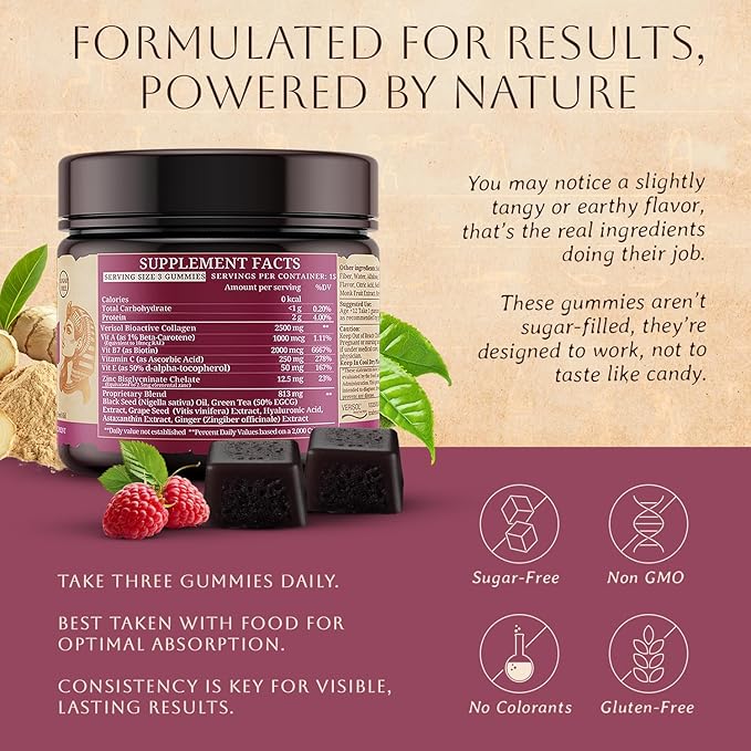 Horus Timeless Beauty Verisol Collagen Gummies – Sugar-Free Black Seed Oil Biotin Antioxidants – Hair Skin &amp Nails Support – Anti-Aging Supplement for Women – 90 Count