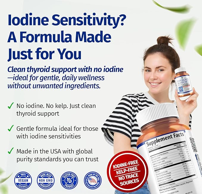1 Body Thyroid Support Supplement for Women – Iodine Free Formula with Selenium Zinc &amp Ashwagandha – Supports Energy Metabolism &amp Hormone Balance – 60 Vegan Capsules
