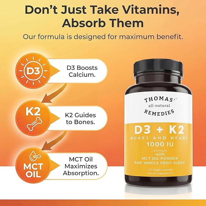 Thomas' all-natural Remedies D3 + K2 with MCT Oil for Better Absorption &amp Raw Whole Food Blend 1000 IU D3 Vegan Made in USA Support for Your Heart Bones &amp Teeth Non-GMO (120ct)