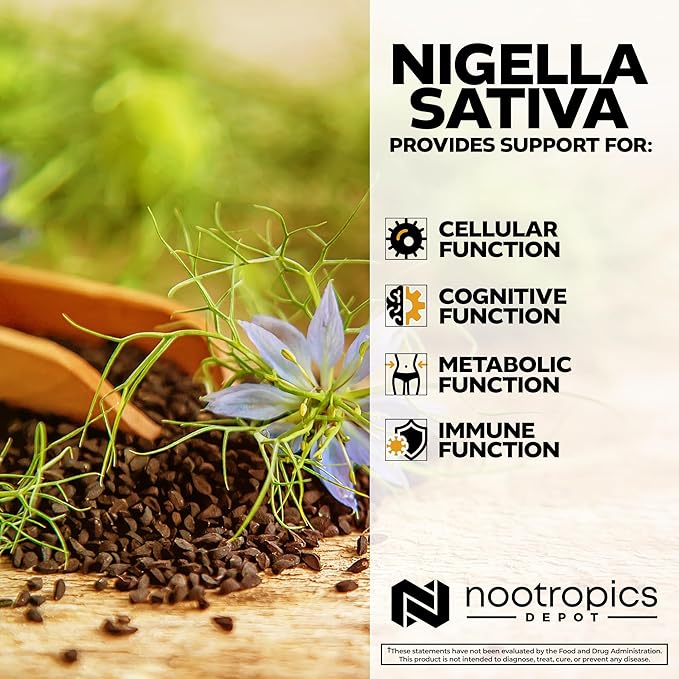 Nootropics Depot Nigella Sativa Extract Capsules | 200mg | 60 Count | Minimum 10% Thymoquinone Content | Black Seed Oil Extract | Supports Brain Health Memory Liver Health and Immune Function