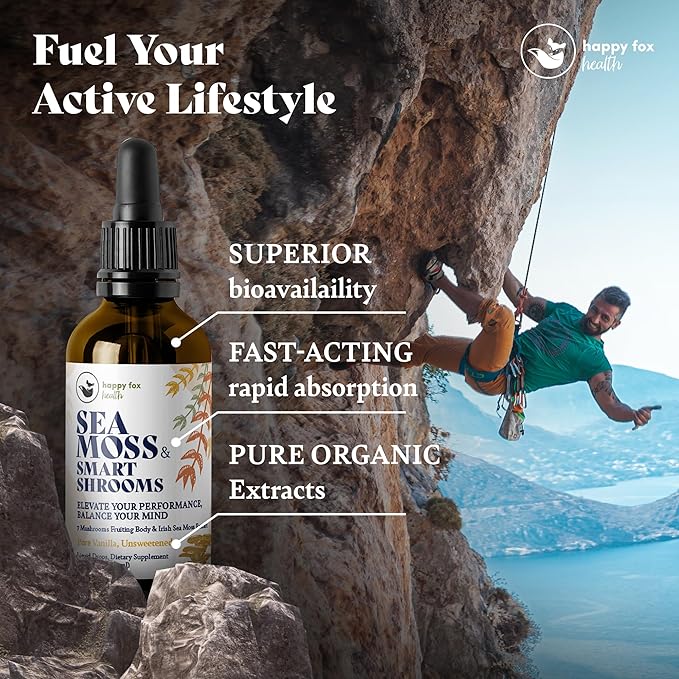 HAPPY FOX Irish Sea Moss Liquid Drops &amp Mushroom Tincture - Seamoss with 7 Adaptogenic Mushroom Extracts for Cognitive Support &amp Gut Health Mushroom Coffee Elixir Pure Vanilla Flavor