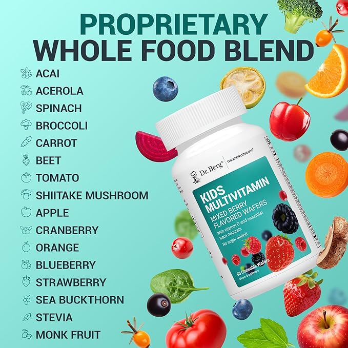 Dr. Berg Kids Chewable Multivitamins (NOT Sweetened w/Sugar) - Daily Multivitamin for Kids that Includes 20 Nutrients &amp Trace Mineral Complex - Mixed Berry Chewable Vitamins for Kid - Red Wafers