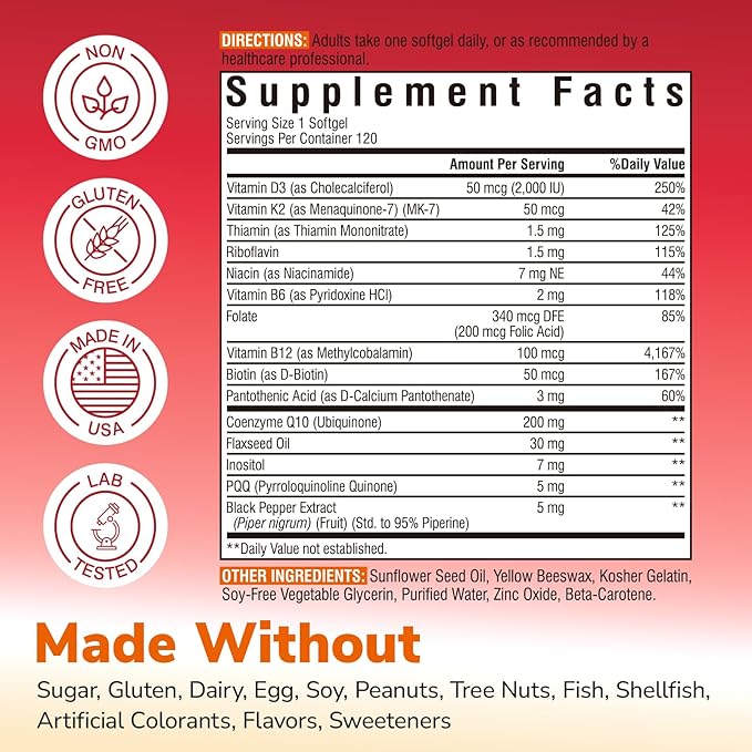 CoQ10 200mg Ubiquinone with PQQ Folate Niacin K2 D3 Black Pepper High Absorption Powerful Antioxidant Energy Booster Immune &amp Bone Support 120 Easy to Swallow Softgels