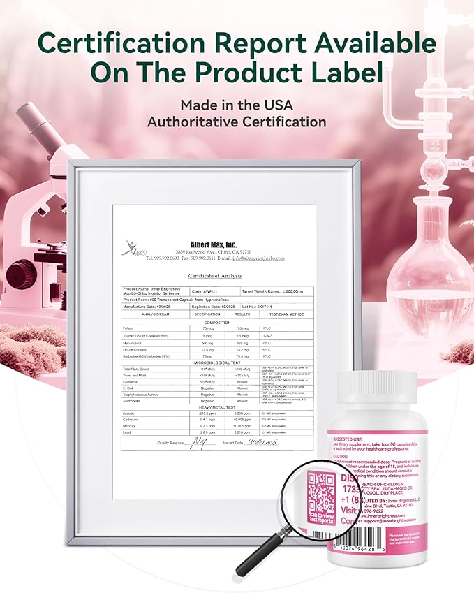Inositol Supplement for Women Myo-Inositol &amp D-Chiro Inositol 40:1 PCOS Support with Berberine MTHF Folate &amp Vitamin D3 Supports Ovarian Health Hormonal Balance &amp Regular Cycles 120