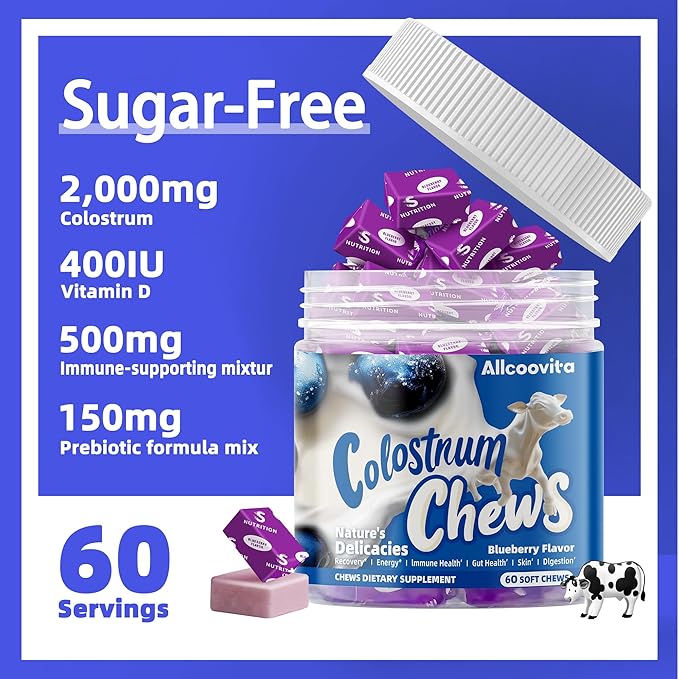 Bovine Colostrum Chews Supplement with probiotics for Gut Health Bloating Immune Support Skin Hair Growth and Beauty - Blueberry Flavor (60 Servings)