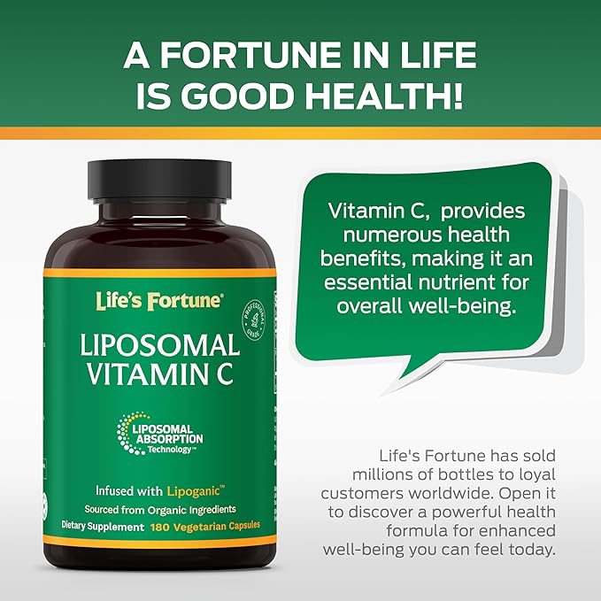 Life's Fortune Liposomal Vitamin C 2100 mg Fast Acting Absorption Higher Bioavailability Supporting Immune System High Antioxidant Supplement Formula – Collagen Booster – 180 Capsules