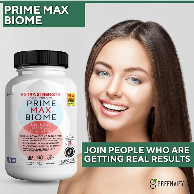 Prime Max Biome Probiotics 40 Billion CFU – Extra Strength Skin &amp Gut Support with MAKTrek® Bi-Pass Technology – 4 Strains + Prebiotics – Non-GMO Gluten-Free 60 Capsules (3)