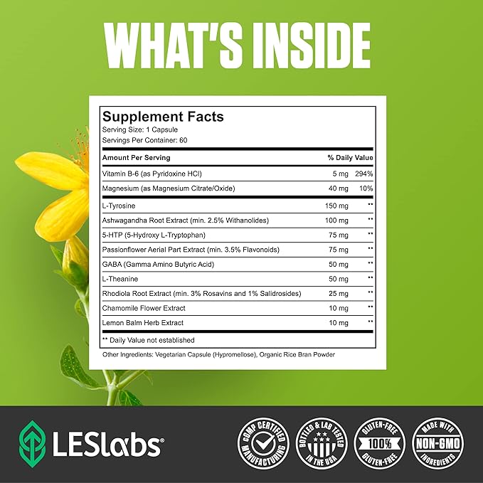 LES Labs Mood Boost – Stress Relief Mood Support Deep Relaxation &amp Better Sleep – 5-HTP Ashwagandha Rhodiola Rosea Magnesium L-Theanine &amp GABA – Non-GMO Supplement – 60 Capsules
