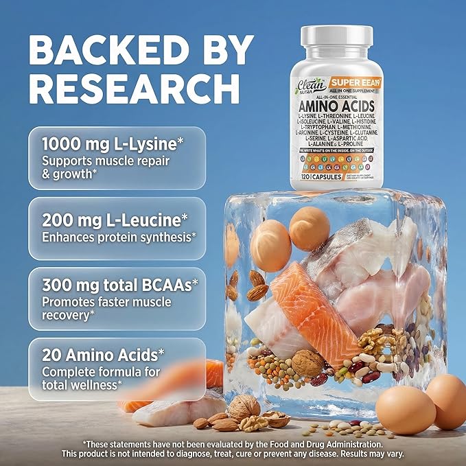 Clean Nutraceuticals Amino Acids Supplement L-Lysine L-Threonine L-Leucine Isoleucine Valine L-Histidine L-Tryptophan L-Methionine L-Arginine L-Cysteine L-Glutamine L-Serine Aspartic Acid
