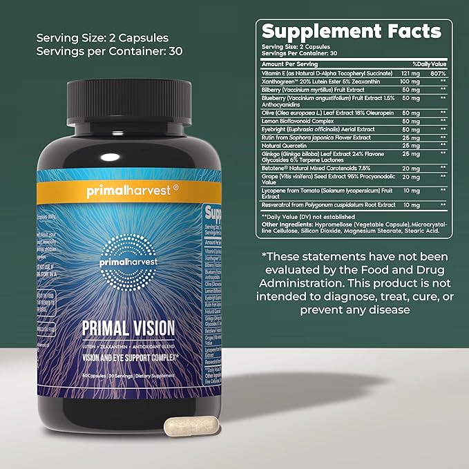 Primal Harvest Primal Vision with Lutein Zeaxanthin Vitamin A and Zinc for Eye Health Blue Light Support and Visual Clarity