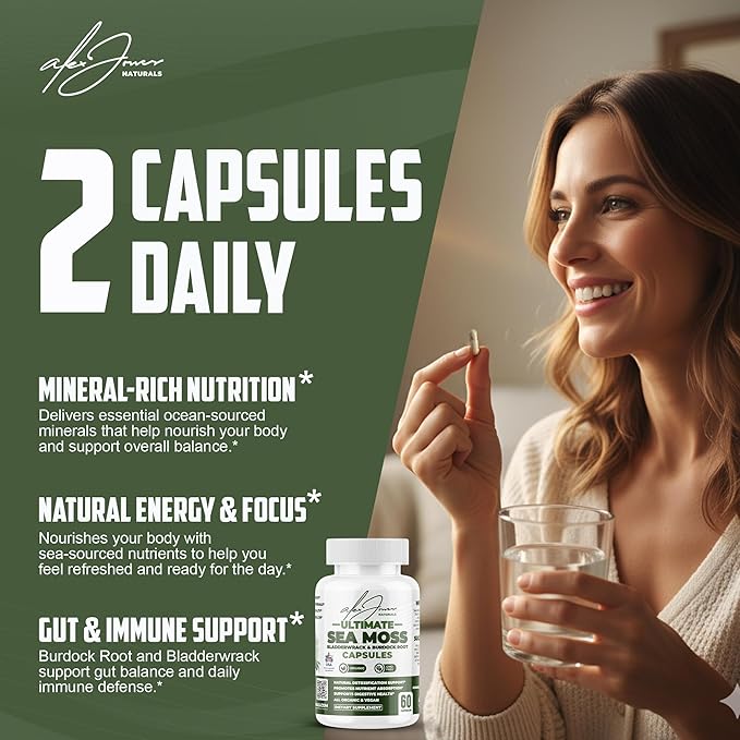 Alex Jones Ultimate Seamoss Capsules – Vegan Non-GMO Seaweed Supplement w/Bladderwrack &amp Burdock Root – Immune Boost Energy Support Sea Moss Supplements for Men &amp Women - 60 Nutrition Suppor