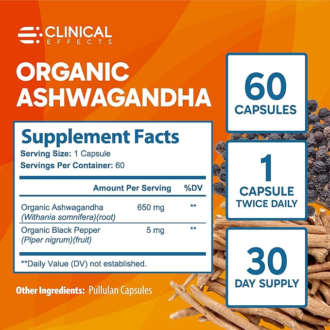 Clinical Effects Ashwagandha with Black Pepper for Stamina and Calm - 60 Ashwagandha Capsules - Made in the USA