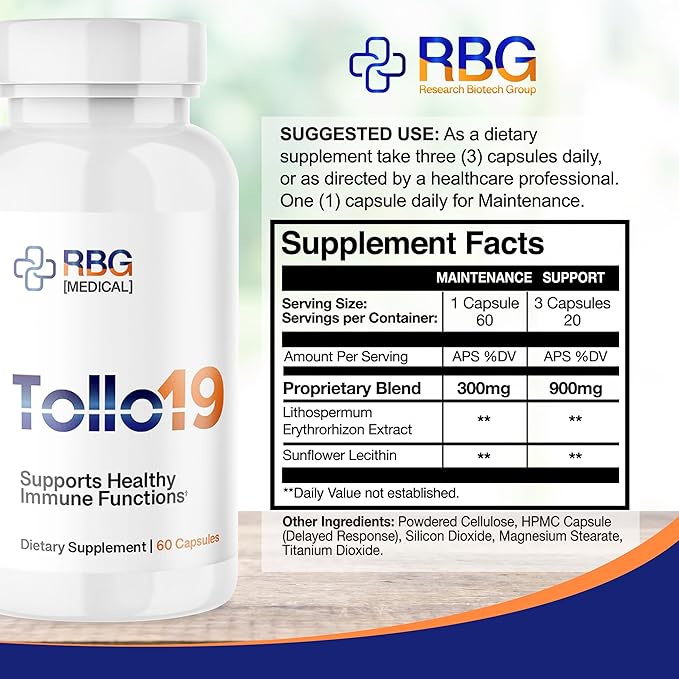 Tollo19 Immune Support Supplement - Potent Protease Enzyme Supplement with 300mg Natural Blend of Gromwell Root Extracts &amp Sunflower Lecithin - 60 Count Immune Defense
