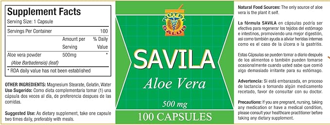 Nutrisalud Products Capsulas de Savila Aloe Vera Capsules 500mg. Set de 2 frascos 100 capsulas CADA uno.Efectivo Contra ulcerasagrurasmala DigestionColitisestreñimiento.Dura mas de 3 Meses.