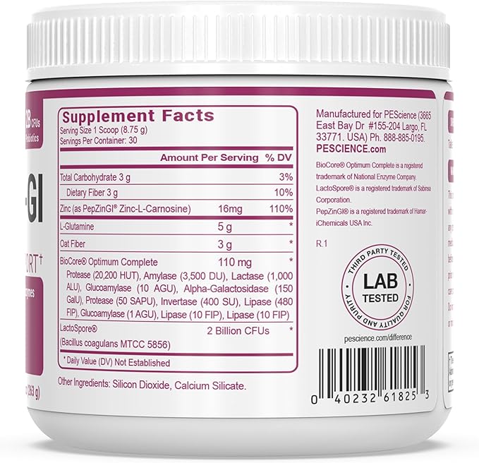 PEScience Complete-GI Gut Health Powder Probiotics for Women and Men Digestive Enzymes Prebiotic Fiber L-Glutamine Pepzin GI Zinc Carnosine - Unflavored 30 Servings
