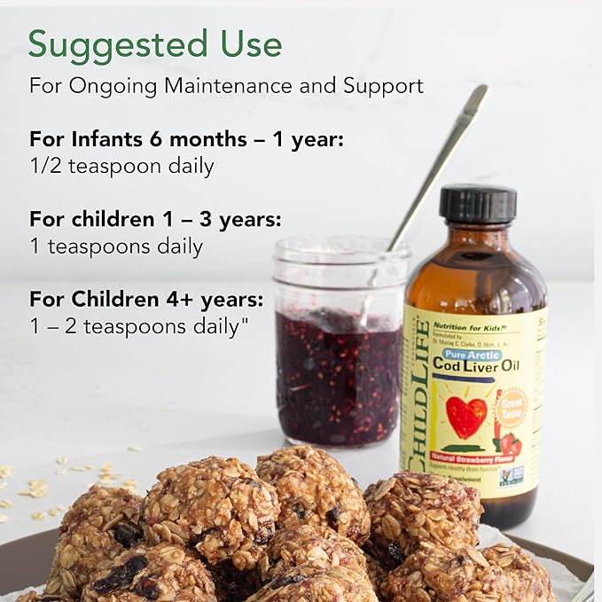 CHILDLIFE ESSENTIALS Cod Liver Oil for Kids - Kids Arctic Cod Liver Oil Liquid for Babies 6+ Months &amp Toddlers Added DHA EPA Omega-3 Fatty Acids - Strawberry 8 fl oz
