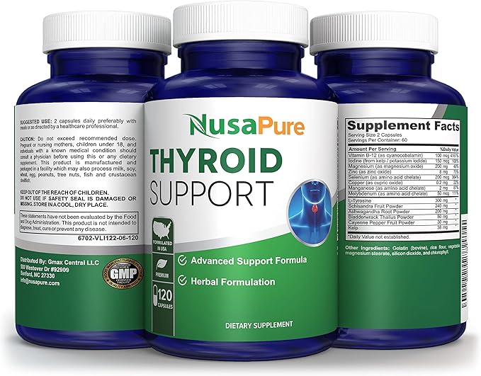 NusaPure Thyroid Support Supplement (Non-GMO) 120 caps Ashwaganda Iodine Zinc kelp Vitamin B12 L-Tyrosine Selenium Copper