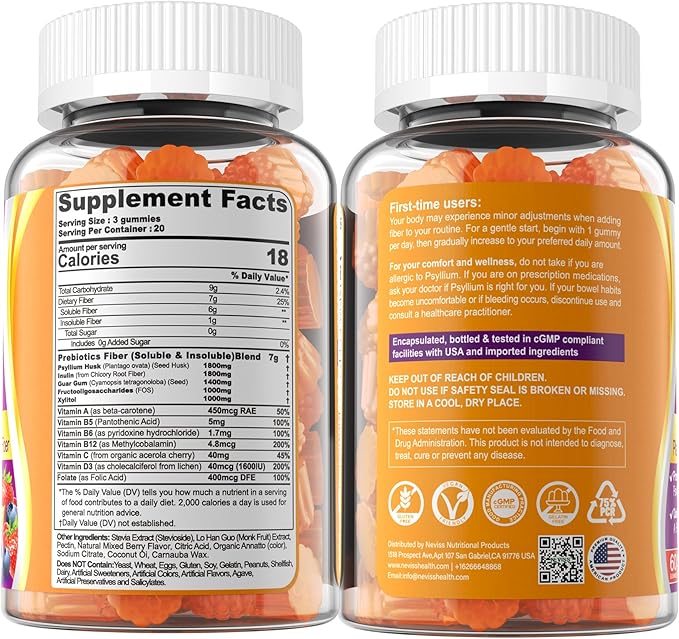Fiber Gummies for Adults with Psyllium Husk 7G(Soluble + Insoluble) Daily Prebiotic Fiber with Inulin FOS Guar Gum Multivitamins for Daily Digestive Health Regularity SupportSugar FreePack of 2