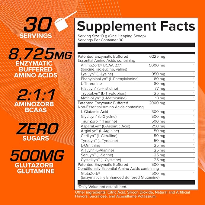 EFX Sports Aminozorb Elite 21 | PH-Correct Full Spectrum Aminos + Glutamine | Essential &amp Non Essential Aminos | Zero Sugars | 30 Servings (Orange Splash)