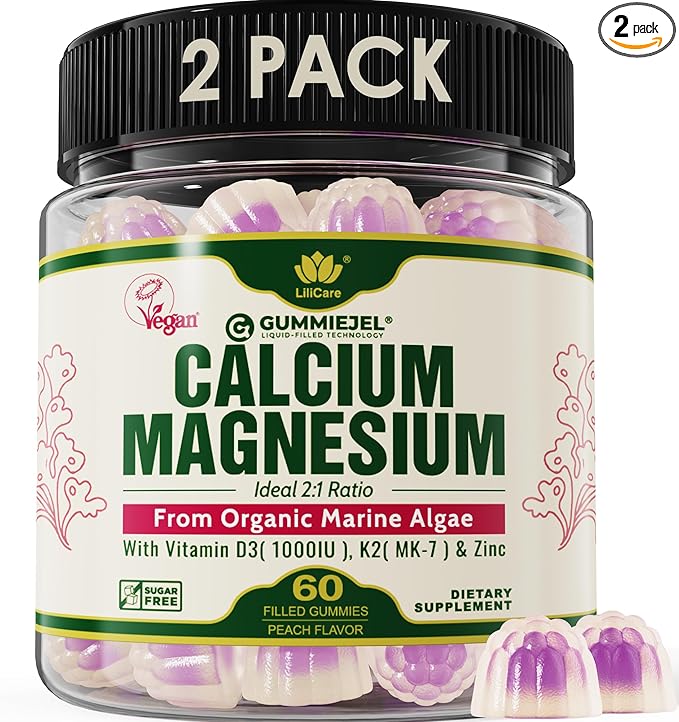 2 Pack - Plant Based Calcium Gummies 600mg with Vitamin D3 K2 Magnesium Zinc for Bone Strength Sugar Free Calcium Supplements for Women &amp Men (Certified Vegan) from Sustainably Organic Red Alga