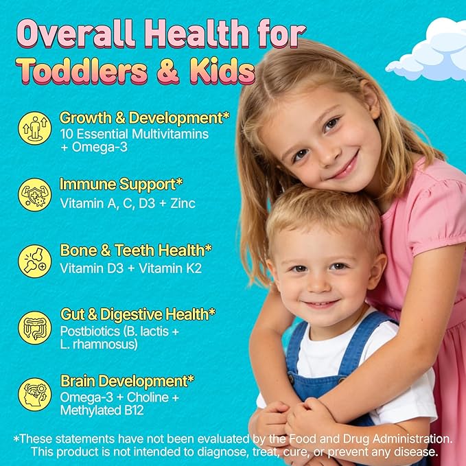 Organic Toddler Multivitamin Gummies (Ages 2-3) | Omega-3 (DHA/EPA) Postbiotics A C D3 K2 Methyl B12 Folate Zinc | Kids Multivitamin for Immune Digestive Brain Development Sugar-Free 60Cts