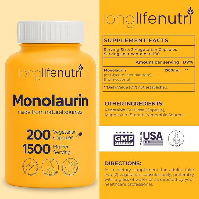 LongLifeNutri Grapefruit Seed Extract 500 mg + Monolaurin 1500 mg Bundle - 180 + 200 Vegetarian Capsules Daily Energy &amp Balance Gut Health &amp Natural Defense GMP Certified Made in USA