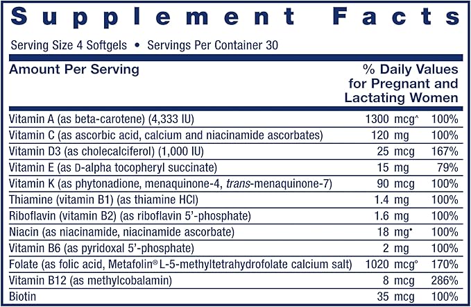 Life Extension Prenatal Advantage Women’s multivitamin Baby Support folic Acid Choline omega-3s Vitamin C D3 B1 B6 B12 zinc niacin Gluten Free Non-GMO 120 softgels
