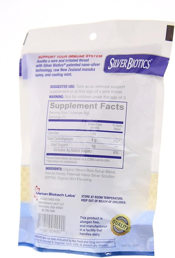 American Biotech Labs Silver Biotics Silver Lozenges w/60ppm SilverSol and Manuka Honey Mighty Manuka Mint (21 Count) (2 Pack)