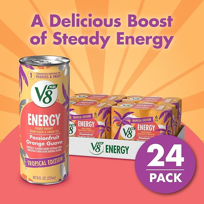 V8 +Energy Passionfruit Orange Guava Juice Energy Drink 8 fl oz Can (24 Pack)