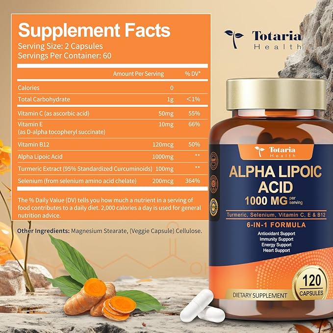 Totaria Alpha Lipoic Acid 1000mg - ALA Supplement Antioxidant for Neuropathy Support Nerve Health Liver Detox Antioxidant Metabolism and Cell Energy Anti-Aging - Non-GMO Gluten Free Vegan Safe