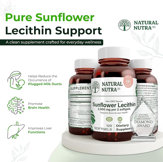 Natural Nutra Sunflower Lecithin 2000 mg Supplement Supports Breastfeeding Moms with Plugged Milk Duct Relief Liver &amp Brain Health Booster Soy Free Non-GMO Gluten-Free 120 Softgel