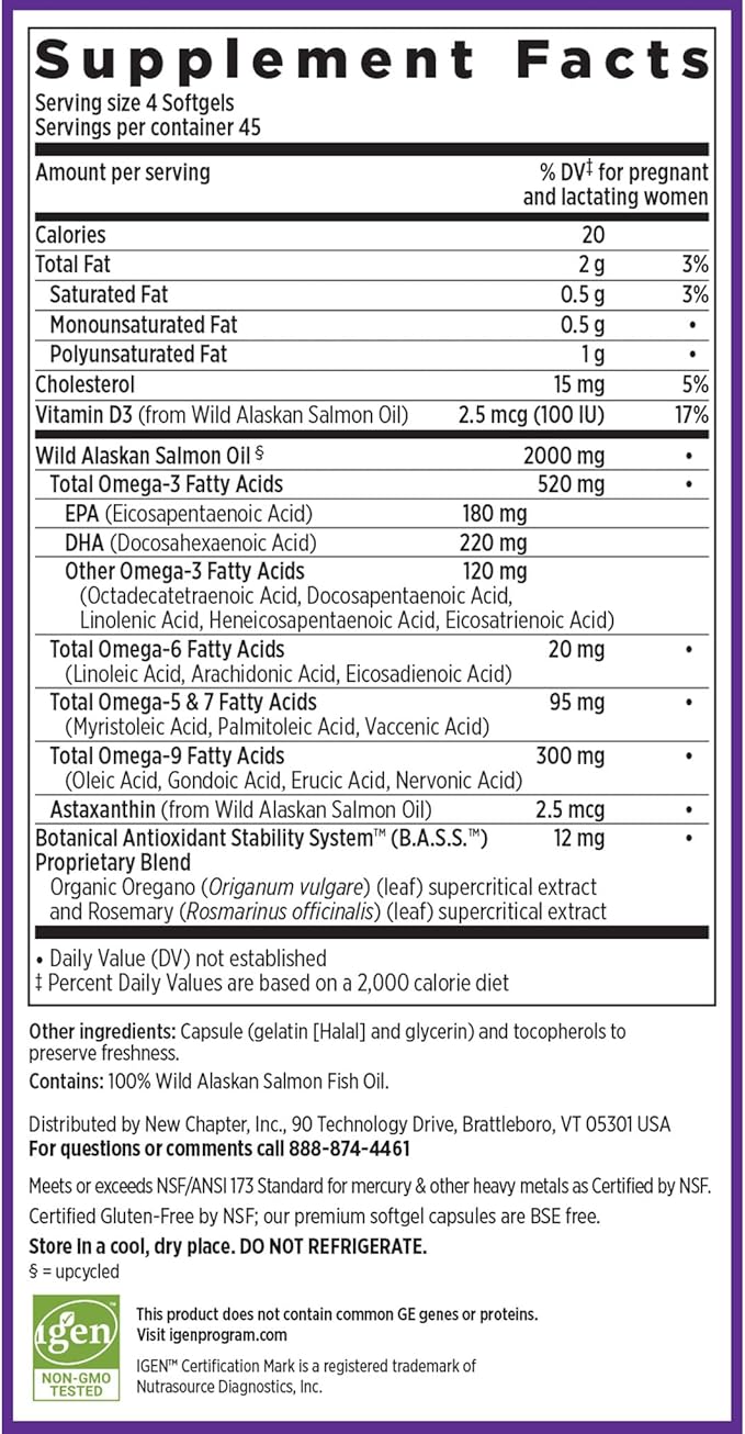 New Chapter Wholemega for Moms Fish Oil Supplement Tiny Capsules 2000mg per Serving Prenatal DHA with Omega-3 + Vitamin D3 for Prenatal &amp Postnatal Support 500mg Each - 180 Count