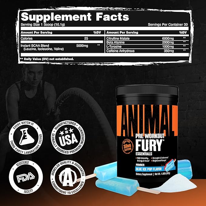 Animal Fury Pre Workout Powder – Blue Ice Pop 350mg Caffeine BCAA Amino Acids 2g Beta Alanine Citrulline &amp Tyrosine Energy Focus Strength Endurance Preworkout for Men &amp Women 30 Serv