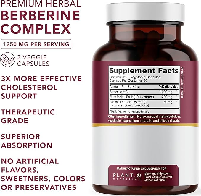 Berberine Supplement - 10xHigher Absorption Berberine HCI Complex with Bitter Lemon &amp Banaba Leaf - Cholesterol &amp Metabolic Clinically Researched Support - 60 Capsules Non-GMO
