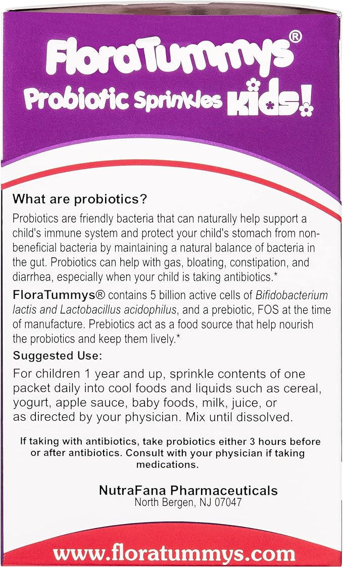 FloraTummys Probiotic Sprinkles for Kids: 30 Taste-Free Powder Packets Free of Food Allergens Non-Dairy Gluten Free Sugar-Free Non-GMO Vegan