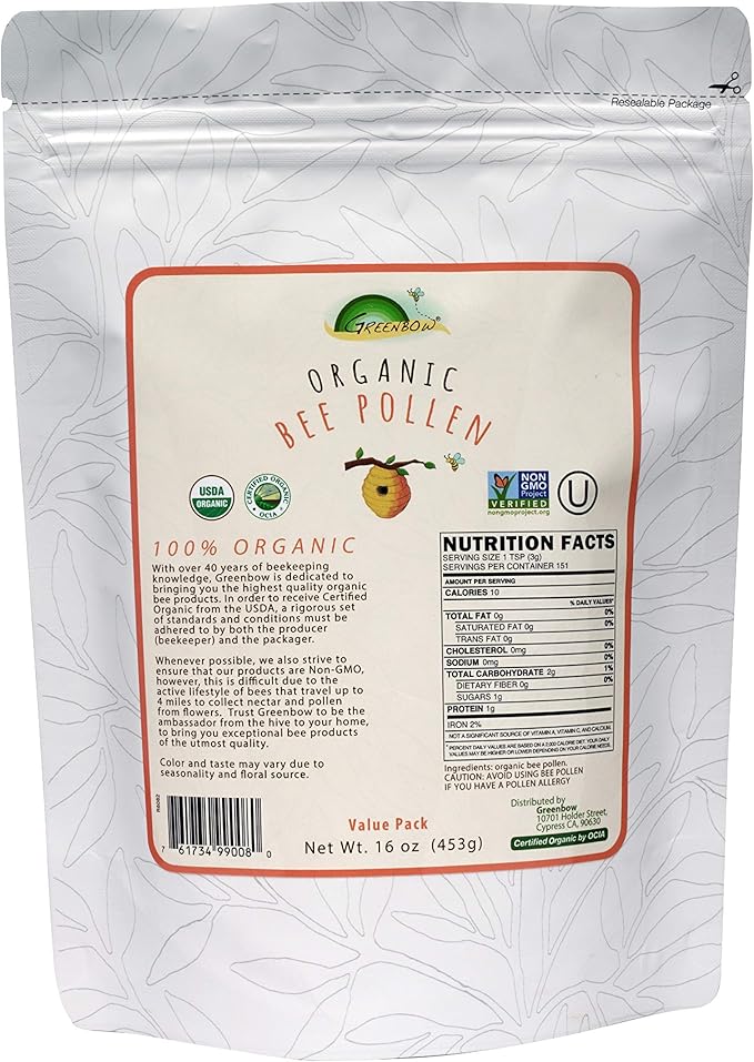 Greenbow Organic Bee Pollen - 100% USDA Certified Organic Non-GMO Halal Kosher Certified Pure &amp Natural Bee Pollen - Superfood Packed with Proteins Vitamins &amp Minerals - Gluten Free – 16o