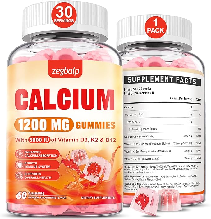 Calcium 1200 mg with Vitamin D3 Supplement for Adults - Calcium Gummies with Vitamin D3 5000IU K2 B12 for Women Men - Extra Absorption Calcium Citrate - Natural Strawberry Flavor 60 Gummies