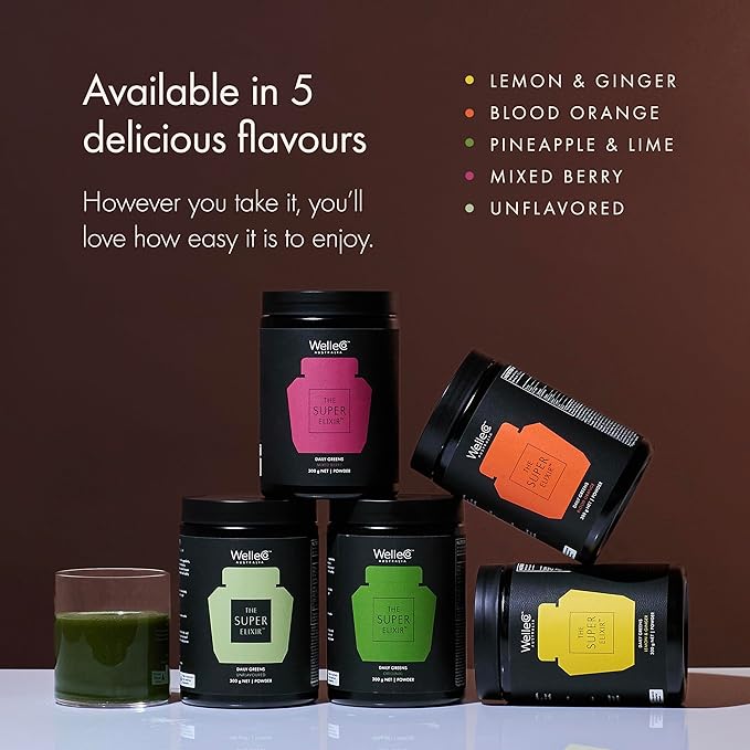 WelleCo The Super Elixir Daily Greens Powder Probiotic Drink Mix with Whole Foods Gluten Free Vegan Gut Health Powder Energy Immunity Healthy Skin Hair &amp Nails (Jar Blood Orange)