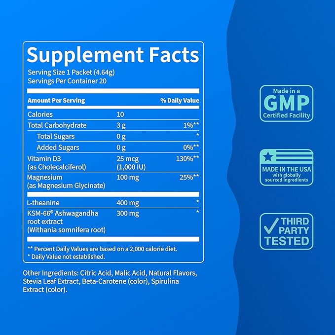 Nello Supercalm Powdered Drink Mix Cortisol Reducer and Sleep Aid Supplement L Theanine Ksm-66 Ashwagandha Magnesium Glycinate Vitamin D 3 No Sugar Non GMO On The Go 20 Ct Cucumber Lime