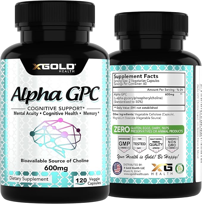 X Gold Health Alpha GPC Choline 600mg Pure Nootropic Supplement 120 Veggie Capsules Cognitive Enhancer for Memory Brain Health &amp Focus
