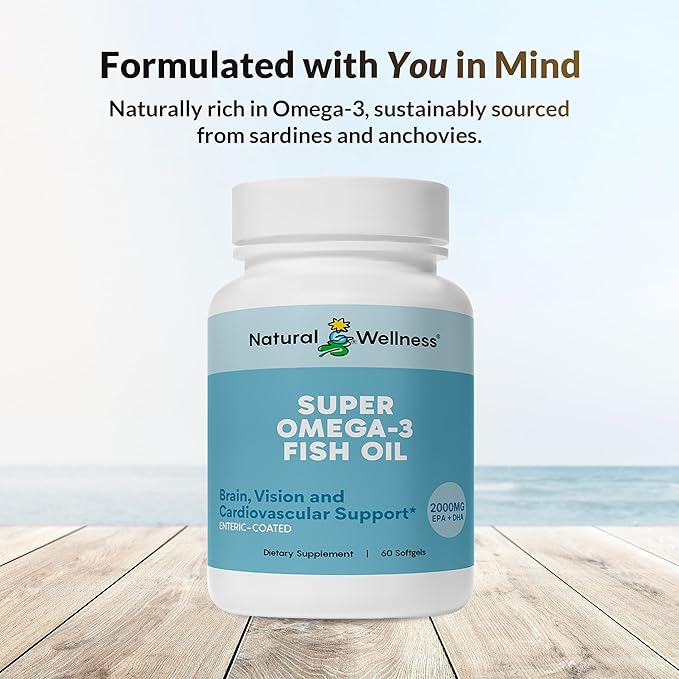 Natural Wellness Super Omega-3 Fish Oil – 600mg EPA &amp 400mg DHA – High Potency Omega 3 Fish Oil Supplement for Heart Brain Joint &amp Immune Health – Purified Enteric-Coated Softgels 60 Count