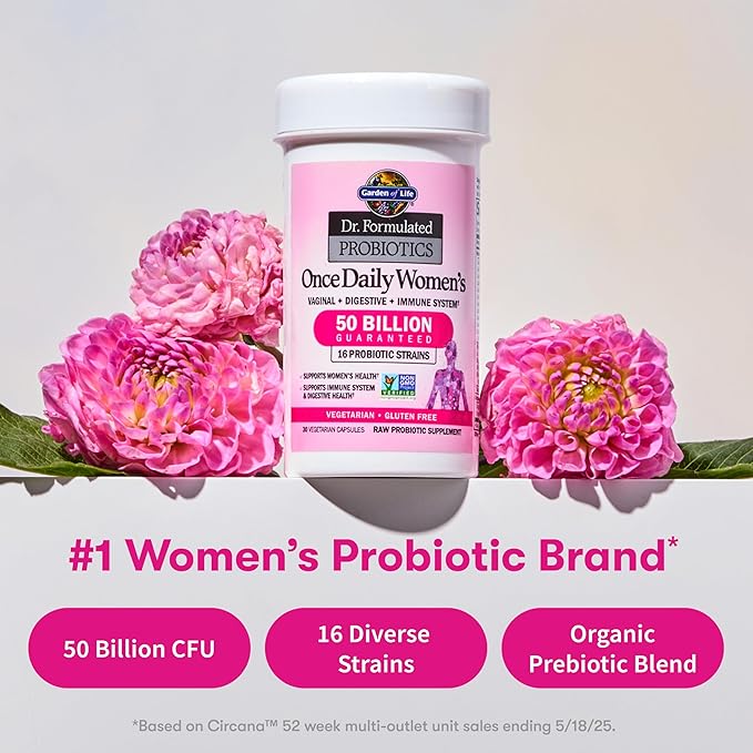 Garden of Life Once Daily Dr. Formulated Probiotics for Women 50 Billion CFU 16 Probiotic Strains with Organic Prebiotics for Digestive Vaginal &amp Immune Health Dairy Free Shelf Stable 30 Capsul