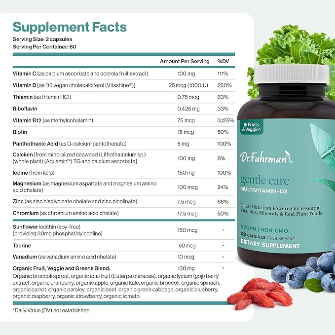 Dr. Fuhrman 2 Month Supply Multivitamin for All + D3 Vitamin for Immune Support | Vegan Formula Womens Multivitamin with B12 &amp Zinc | Whole Food multivitamin with 17 Fruits &amp Veggies