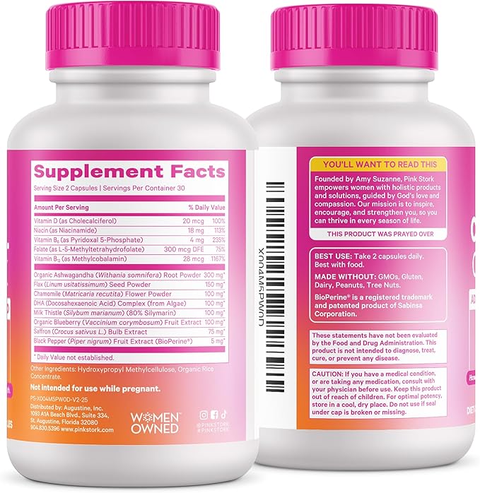 Pink Stork Cortisol Supplements for Women - Adaptogenic Adrenal Support &amp Stress Manager with Organic Ashwagandha Omega 3 Saffron Multivitamins - Mood &amp Hormone Balance - 60 Count