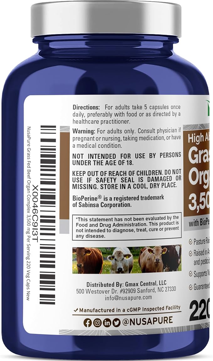 NusaPure Grass Fed Beef Organ Complex | 220 Capsules | Pasture Raised | with Desiccated Liver Kidney Pancreas Heart Spleen | Soyfree Non-GMO Bioperine