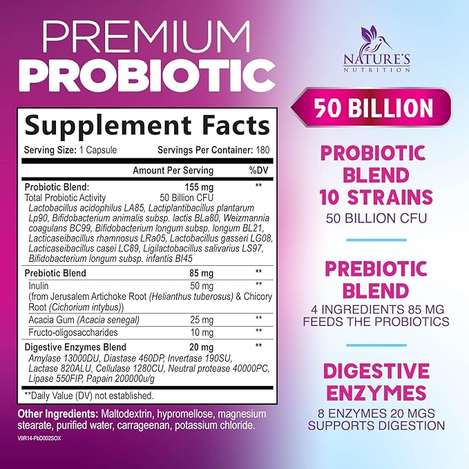 Probiotics 50 Billion CFU per Serving - 10 Strains + Prebiotics - Digestive Health Gut &amp Immune Support - Supports Occasional Constipation Gas &amp Bloating for Women &amp Men Shelf Stable - 1