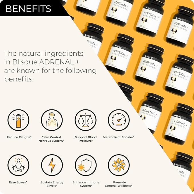 Blisque – Natural Adrenal Support Supplement for Adrenal Health Cortisol Manager Fatigue and Stress Relief | Doctor-Approved | with Ashwagandha | 90 Capsules | Vegan and Non-GMO